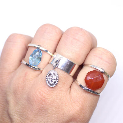 Bague pierre octogonale double anneau argent