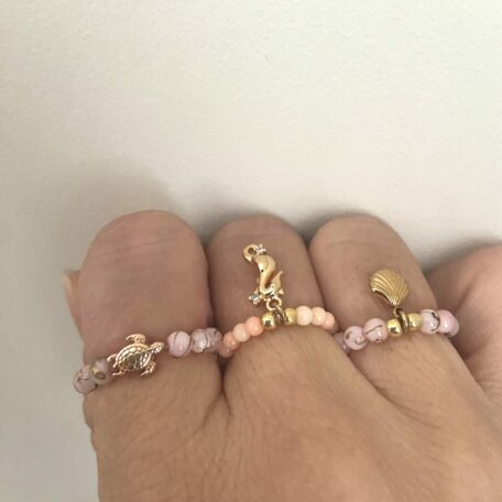 bague en pierres roses et breloques en acier inoxydable