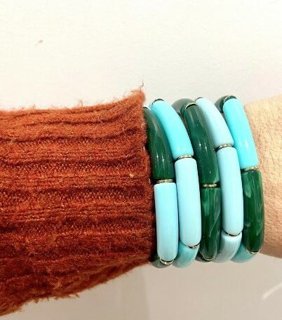 Bracelet jonc élastique résine tube bleu et vert