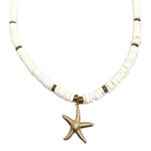 collier heishi coquillages et pendentif doré étoile de mer