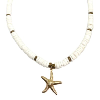 collier heishi coquillages et pendentif doré étoile de mer