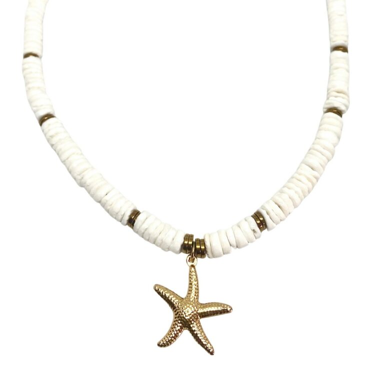 collier heishi coquillages et pendentif doré étoile de mer