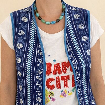 Veste sans manches matelassée réversible tissu indien bleu