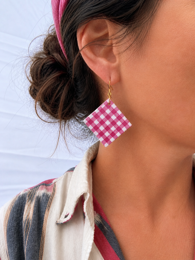 Boucles d'oreilles terre argile vichy rose