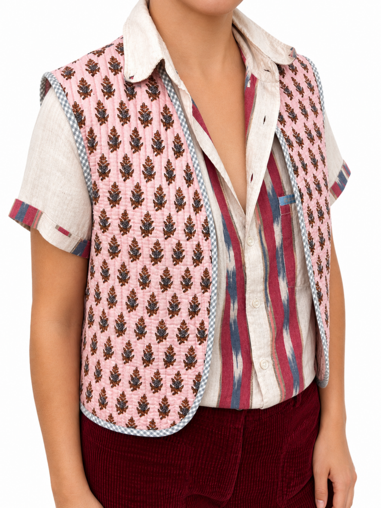 veste sans manches matelassée réversible tissu indien rose