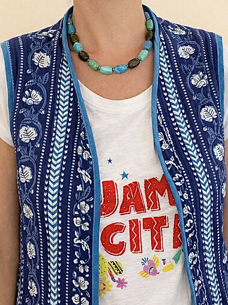Veste sans manches matelassée réversible tissu indien bleu