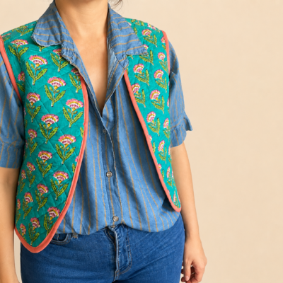 Veste matelassée réversible tissu indien émeraude